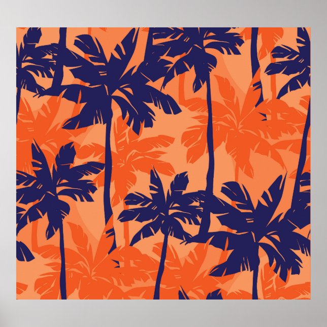 Poster Silhueta azul de palma, fundo laranja (Frente)