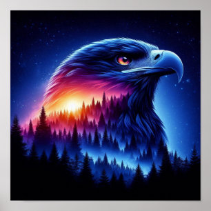 Poster Silhueta de Águia com Pôr do Sol na Floresta