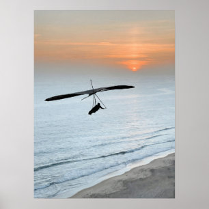 Poster Silhueta de Asa Delta Oceano Pôr do Sol Praia Cost
