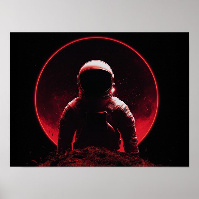 Poster Silhueta de Astronauta no Planeta Vermelho com Sol (Frente)