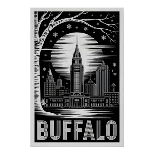 Pôster Silhueta de Buffalo Nova York Preto e Branco Xilog