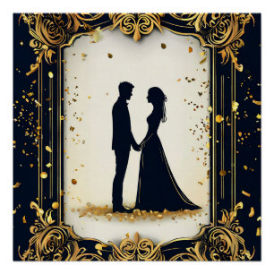 Pôster Silhueta de Casamento Elegante com Moldura Dourada