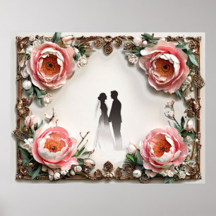 Poster Silhueta de Casamento Romântico em Moldura Floral