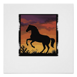 Pôster Silhueta de Cavalo do Pôr do Sol Vintage Gravura O