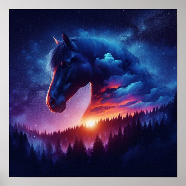 Poster Silhueta de Cavalo em Paisagem de Floresta Sunset (Frente)