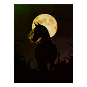 Pôster Silhueta de Cavalo Majestoso sob a Lua Cheia