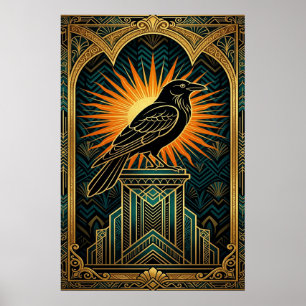 Poster Silhueta de Corvo Art Déco Elegante em Ouro e Pret