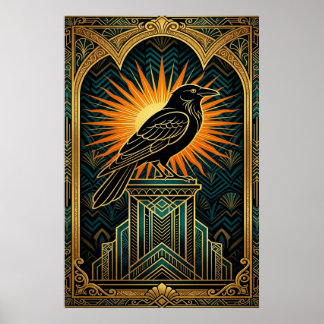 Poster Silhueta de Corvo Art Déco Elegante em Ouro e Pret