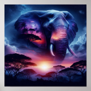 Poster Silhueta de Elefante ao Pôr do Sol