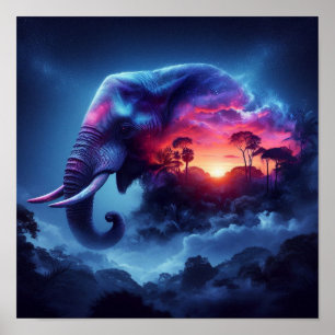 Poster Silhueta de Elefante Fundida com Pôr do Sol Vibran