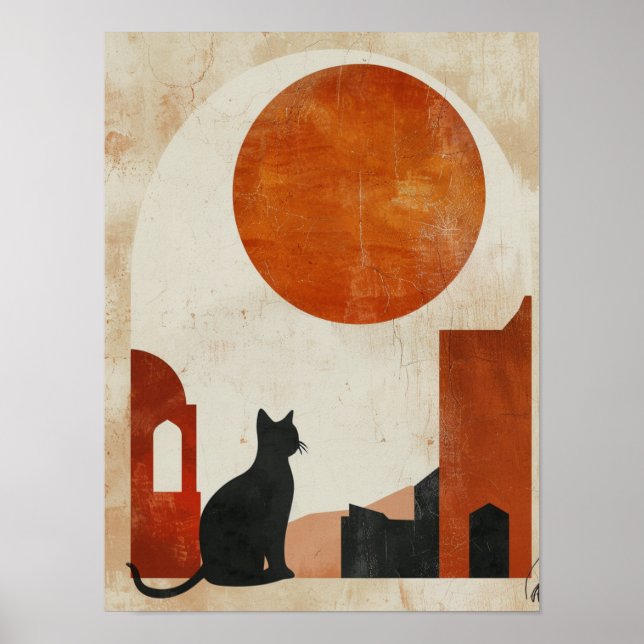 Poster Silhueta de Gato Boho | Deco Sol Abstrato Minimali (Frente)
