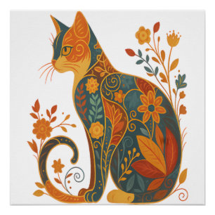 Pôster Silhueta de Gato Floral � Botânica Vintage Colorid