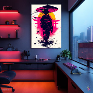 Poster Silhueta de Geisha ao Pôr do Sol – Elegância Tradi