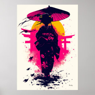 Poster Silhueta de Geisha ao Pôr do Sol – Elegância Tradi