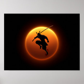 Poster Silhueta de Guerreiro Samurai Contra o Sol Laranja
