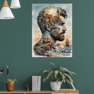 Poster Silhueta de Homem Aquarela Dupla Exposição Náutica