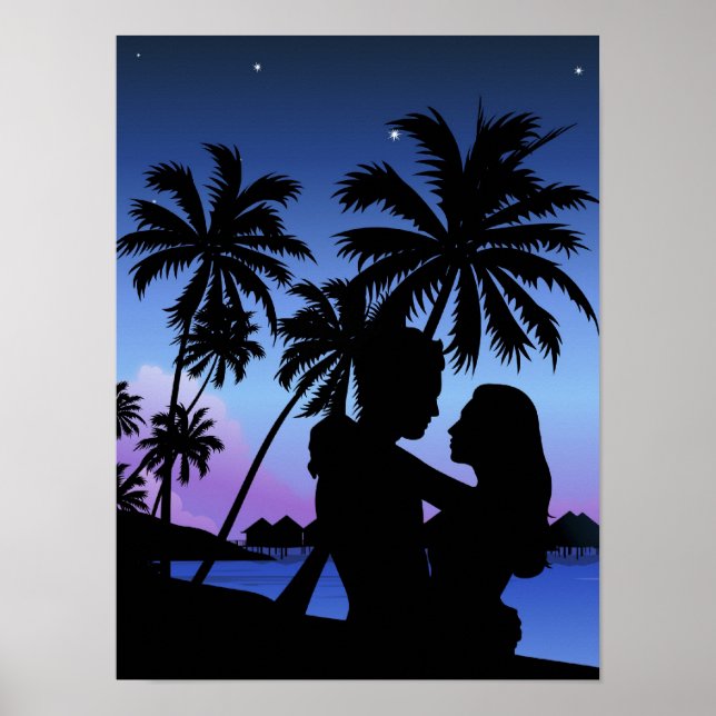 Poster Silhueta de um casal abraçado na praia (Frente)