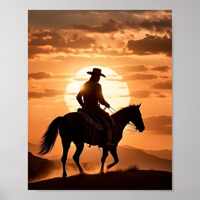 Poster Silhueta de um Cowboy em Horseback no Sunset (Frente)