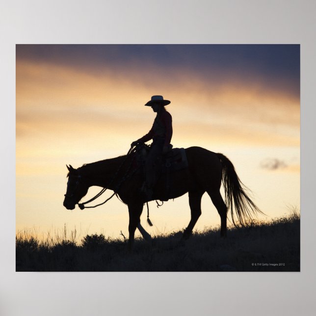 Pôster Silhueta de uma Cowgirl em seu cavalo contra (Frente)