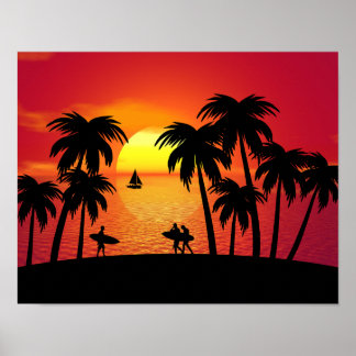 Poster Silhueta de uma ilha tropical em Sunset