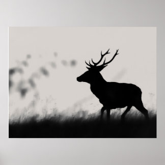 Poster Silhueta de Veado Vermelho em Névoa – Preto e Bran