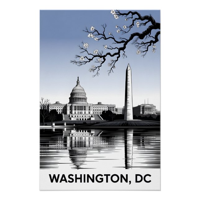 Pôster Silhueta de Washington DC em Preto e Branco em Xil (Frente)