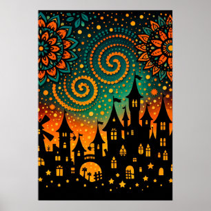 Poster Silhueta do Castelo na Noite Mística