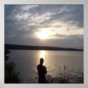 Pôster Silhueta do homem pescando no pôr do sol