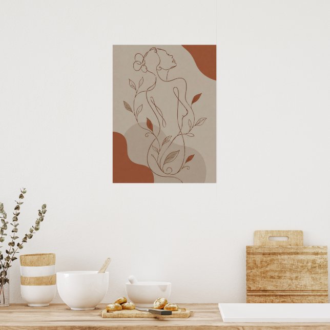 Poster Silhueta Feminina Boho Abstrata e Sha em Tom Terro (Cozinha)