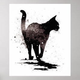Poster Silhueta Gato Andando Preto em Branco