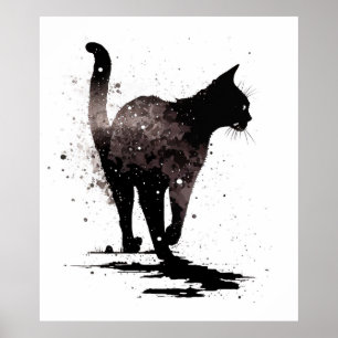 Poster Silhueta Gato Andando Preto em Branco