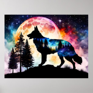 Poster Silhueta german shepherd na Lua Montanha