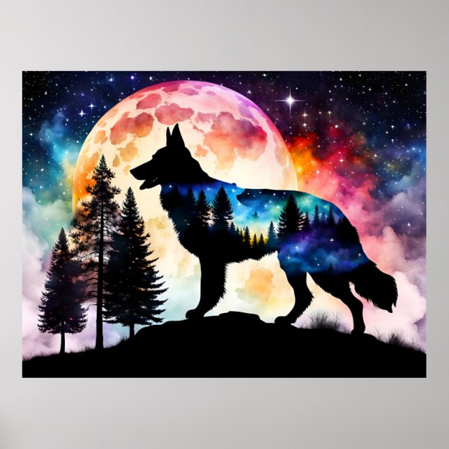 Poster Silhueta german shepherd na Lua Montanha (Frente)