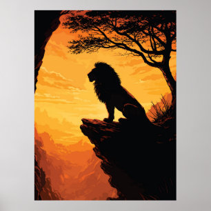 Poster Silhueta Majestosa de Leão ao Pôr do Sol na Falési