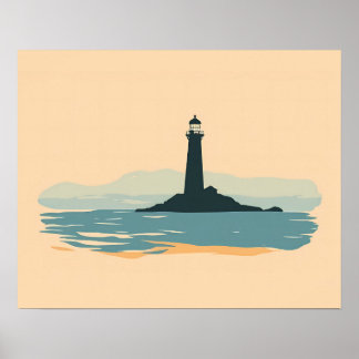 Poster Silhueta Minimalista de Farol no Pôr do Sol Costei