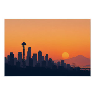 Pôster Silhueta Minimalista de Seattle ao Pôr do Sol Mode