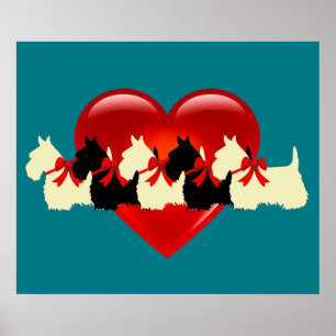 Pôster silhueta preta/branca de Terrier Escocês com coraç