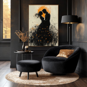 Poster Silhueta Romântica com Brilho Dourado e Flores Sil