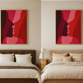Poster Silhuetas Abstratas de Beijo em Vermelho e Magenta