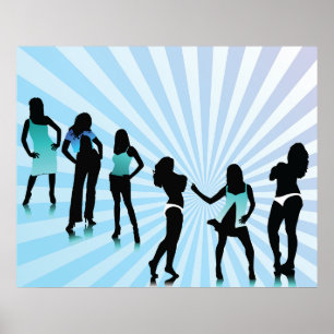 Poster Silhuetas de Mulheres Elegantes Azul Turquesa Moda