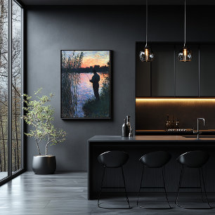 Poster Silhuette Man Pescarando no Sunset - Impressionist