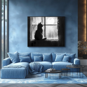 Poster Silhuette of a Cat by the Window in Moonlight