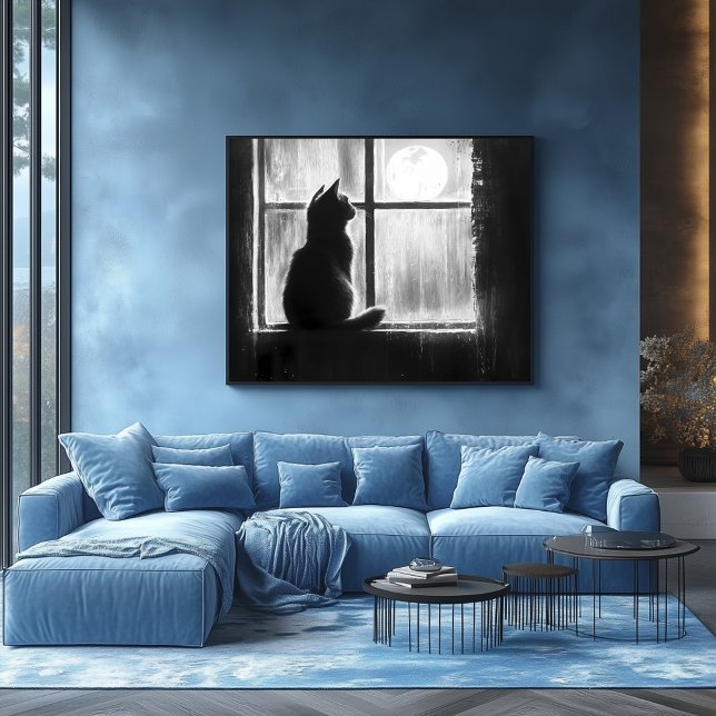 Poster Silhuette of a Cat by the Window in Moonlight (Criador carregado)