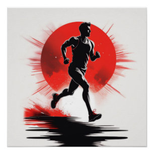 Pôster Silhuette of a Runner with Red Sun