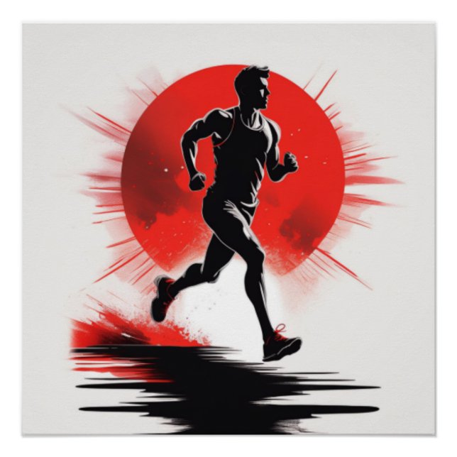 Pôster Silhuette of a Runner with Red Sun (Frente)