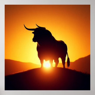 Poster Silhuette of Bull and Sunset
