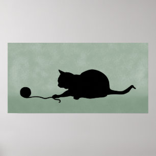 Poster Silhuette of Cat at Play Black on Muted Green