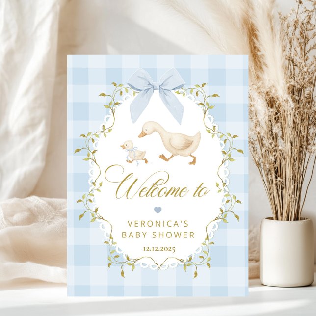 Poster Silly Goose Blue Gingham Baby Shower Welcome (Criador carregado)