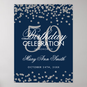 Poster Silver 50th Birthday Glitter Confetti Navy Blue