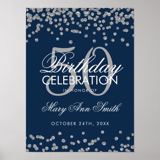 Poster Silver 50th Birthday Glitter Confetti Navy Blue (Frente)